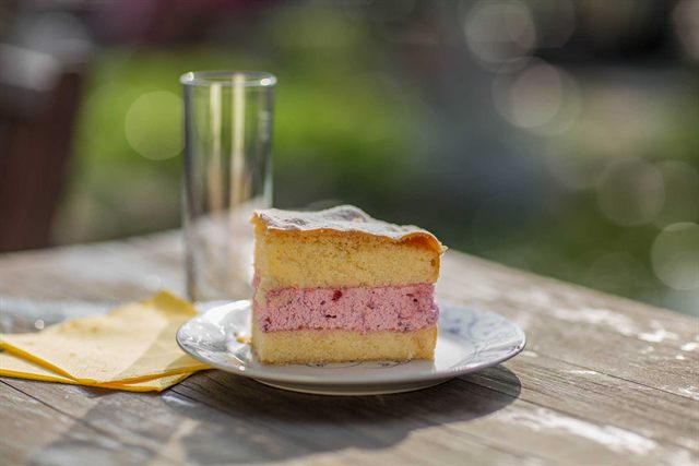 Stück Beerensahnetorte auf einem Teller, draußen auf einem Holztisch im Sonnenlicht