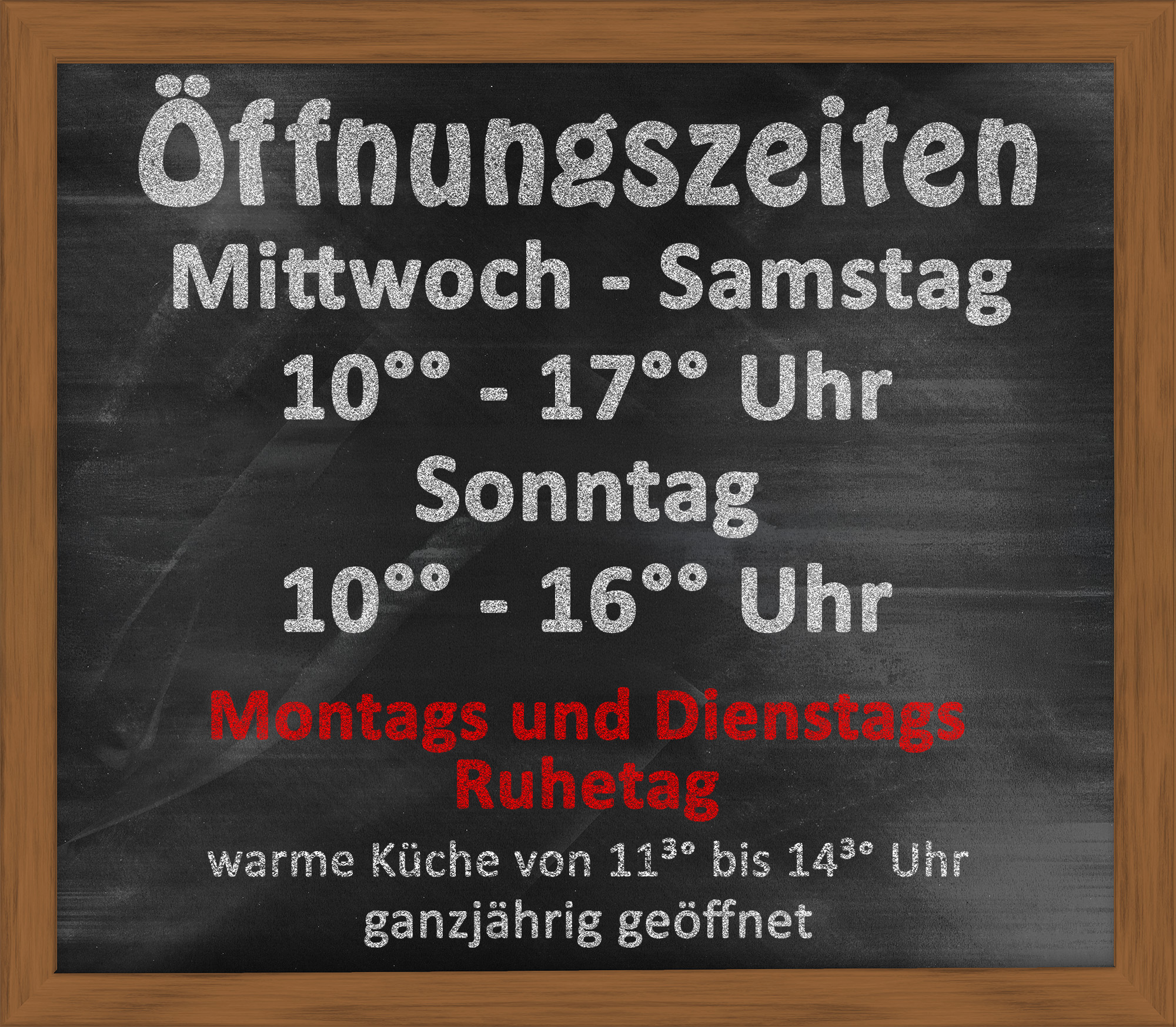 Öffnungszeiten Mi-Sa 10-17 So 10-16 Mittag nach Reservierung 11:30-14:30